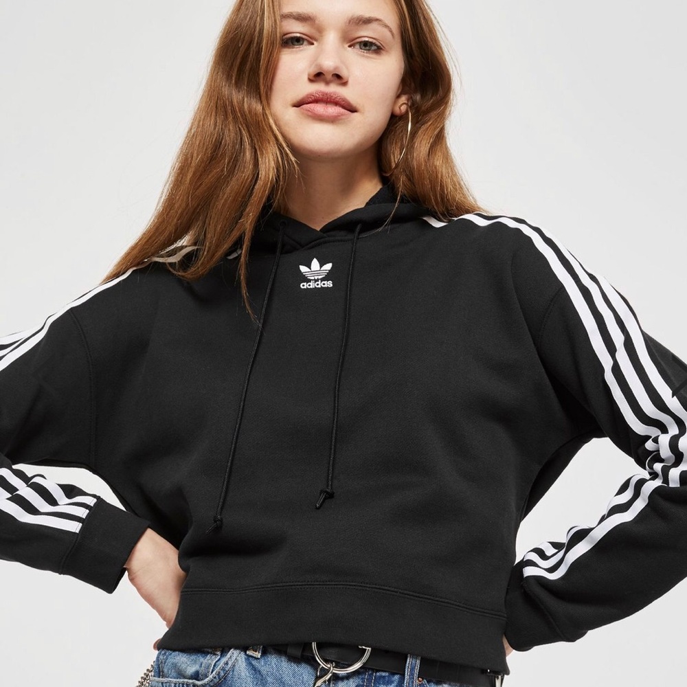 Adidas 3 Stripe Black Cropped Hoodie